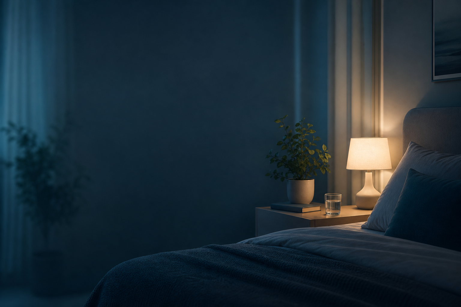 quarto calmo com luz suave e atmosfera noturna